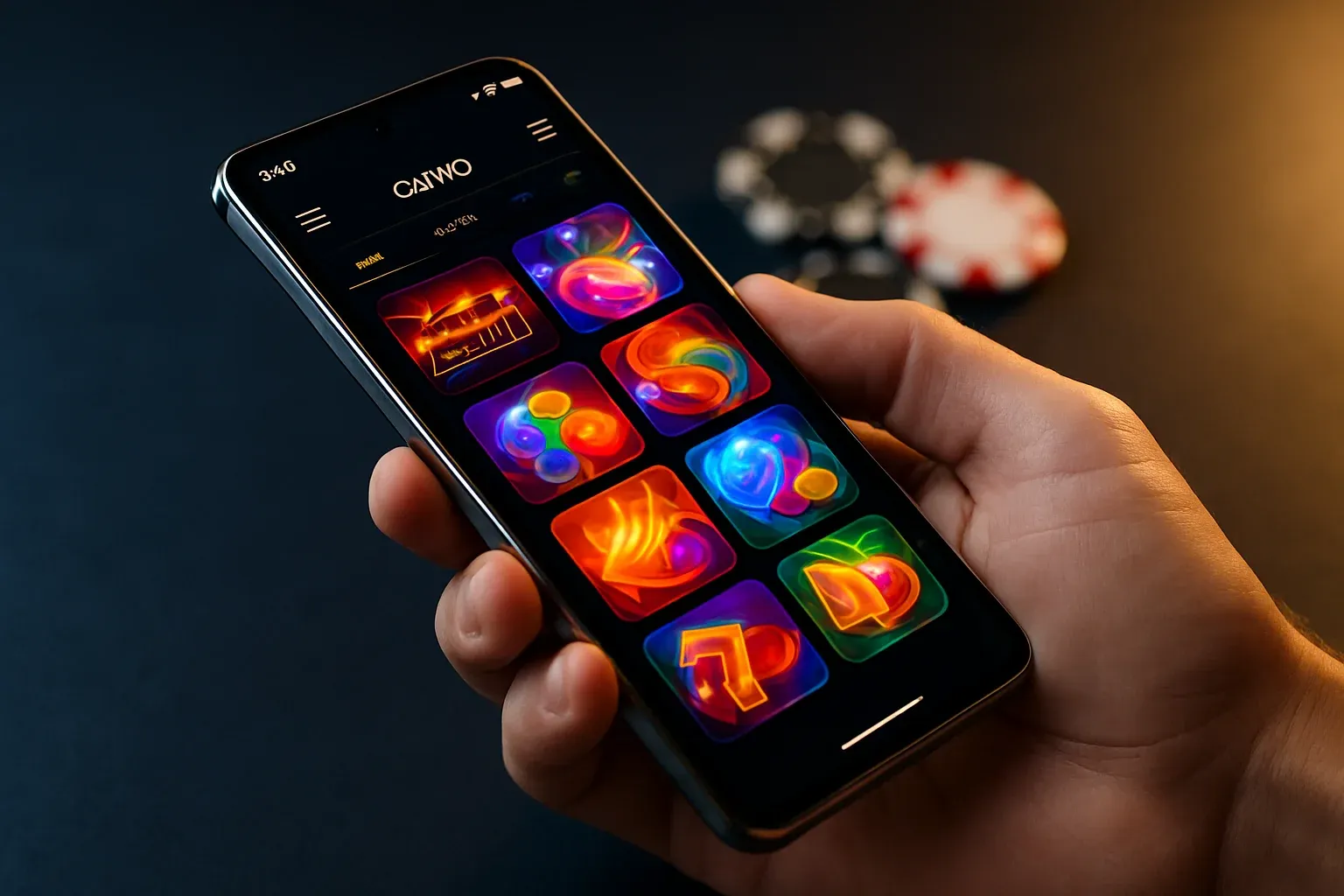 Flagship Android smartphone displaying vivid casino app interface with blurred chips