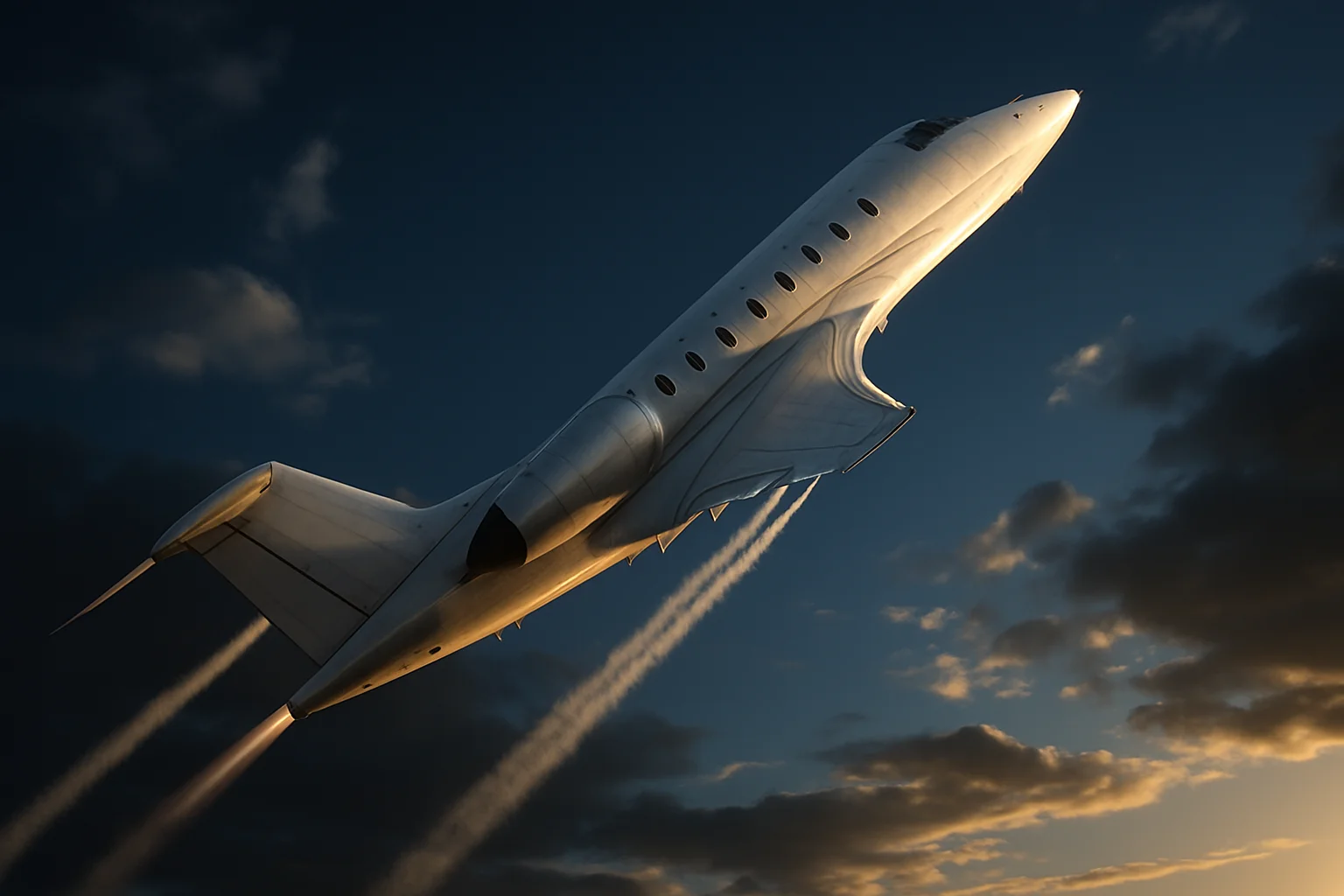 Hyperrealistic white jet aircraft climbing steeply in dramatic blue sky