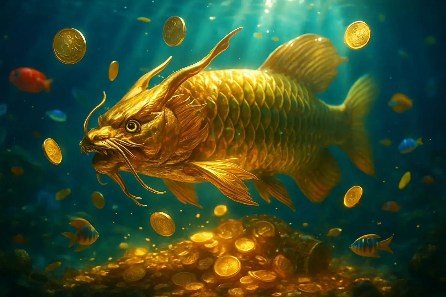 Massive golden dragon fish underwater with treasure, coins, and tropical fish