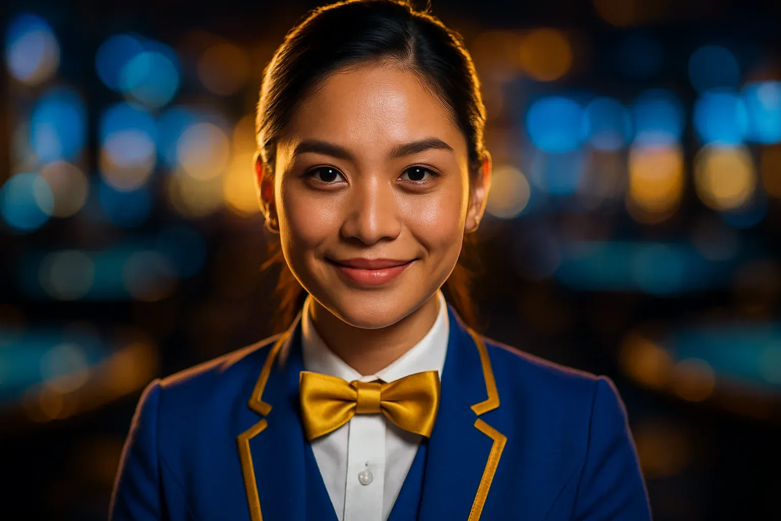 Hyperrealistic close-up portrait of glamorous Filipino casino dealer smiling confidently
