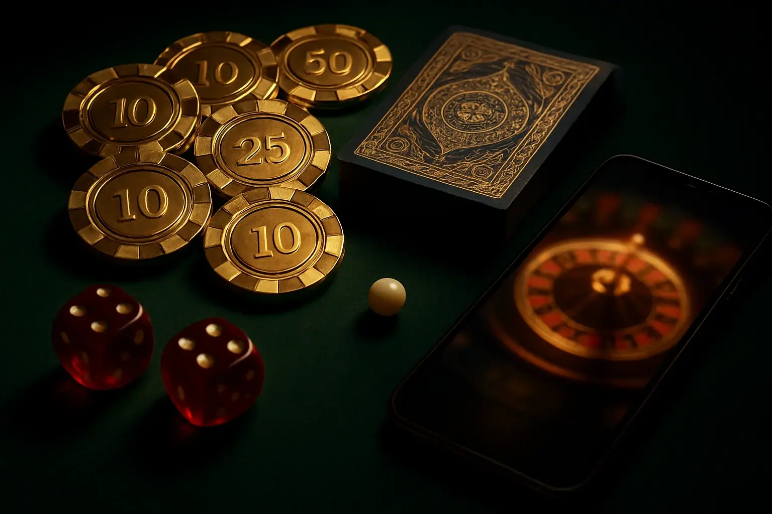 Top-down casino table with gold chips, cards, dice, roulette ball, smartphone