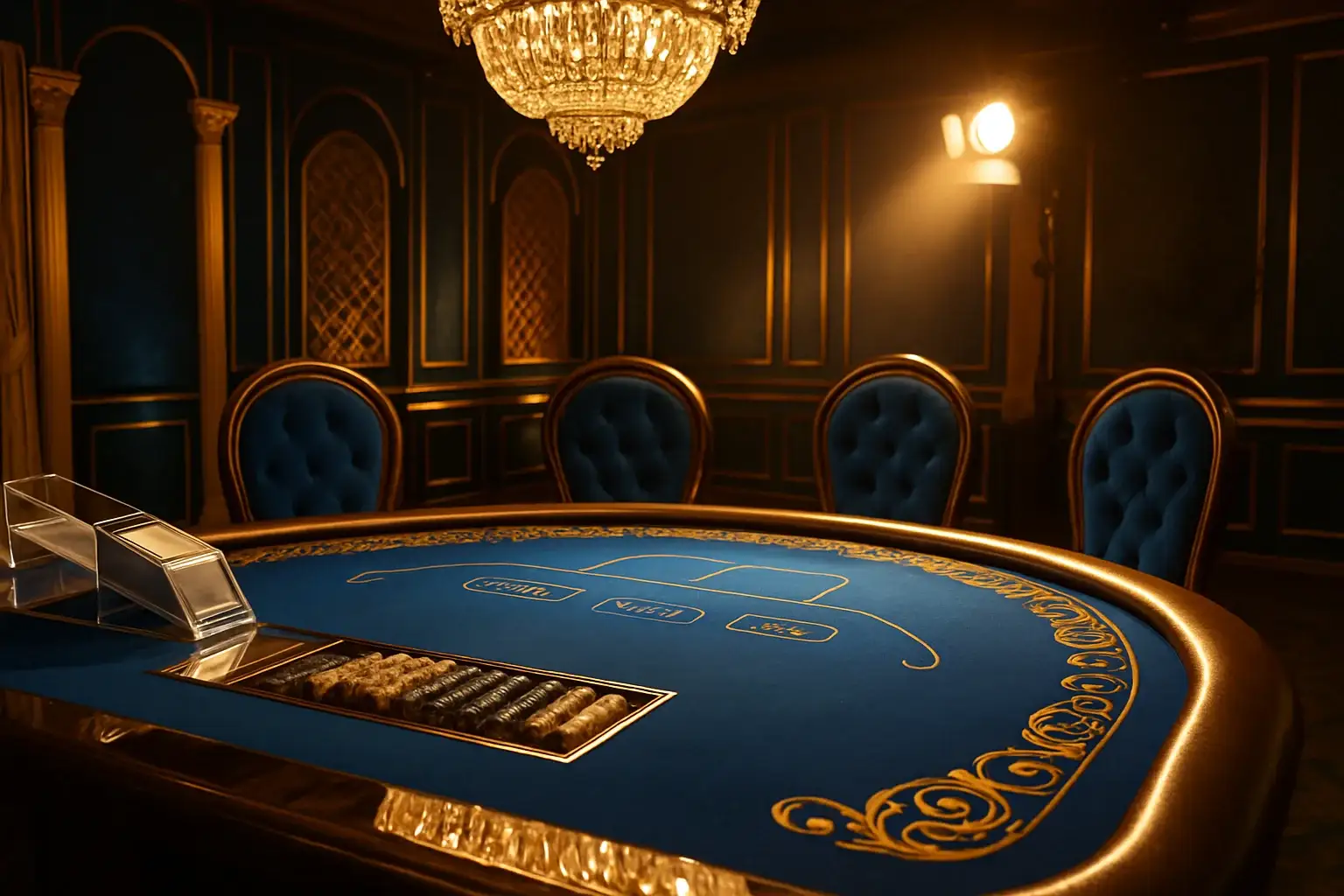 Hyperrealistic premium live baccarat studio in the Philippines with blue felt table