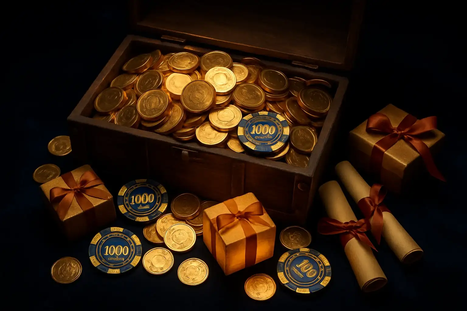 Overflowing treasure chest with gold coins, casino chips, vouchers, and gift boxes