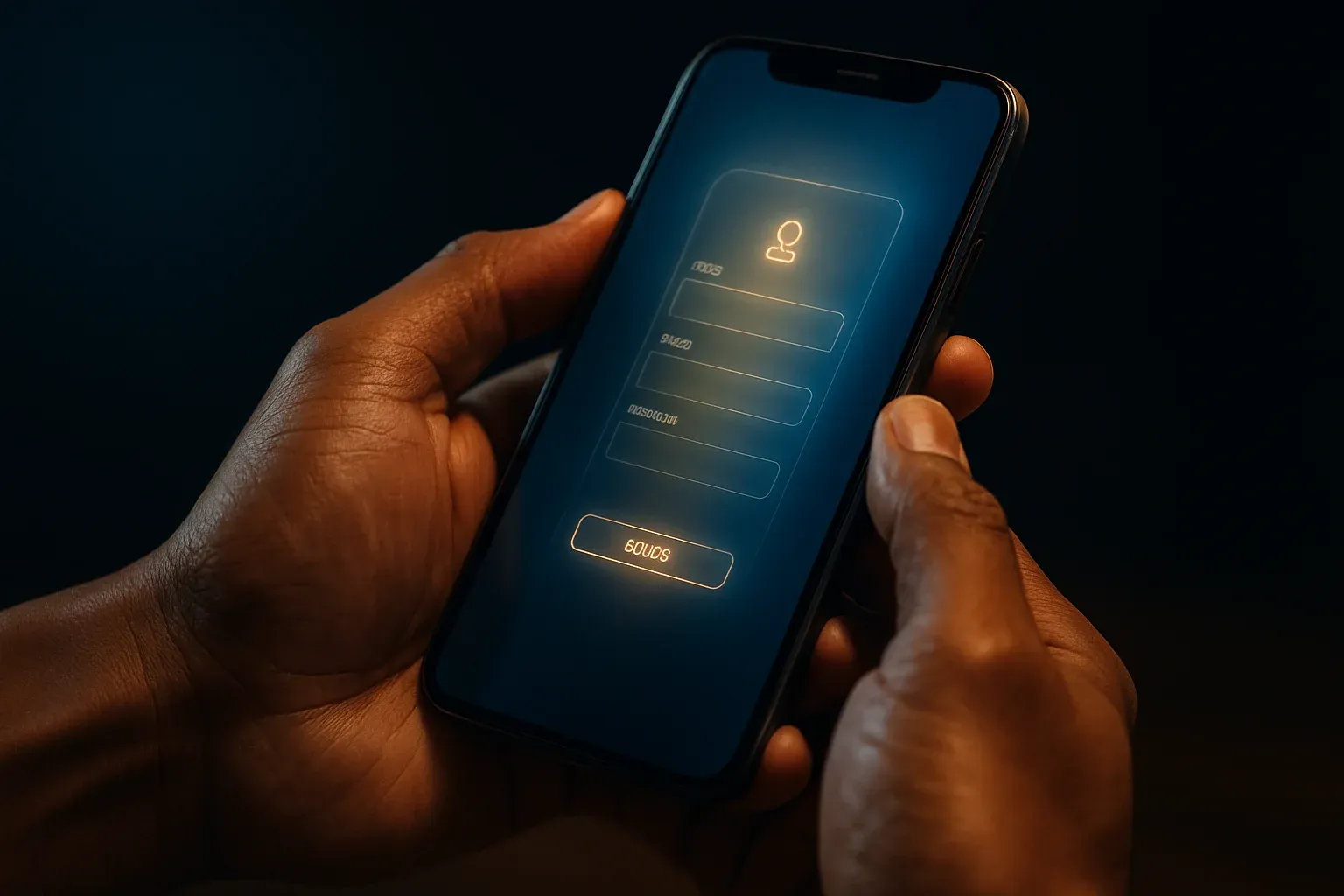 Filipino man's hands holding smartphone with glowing registration screen interface