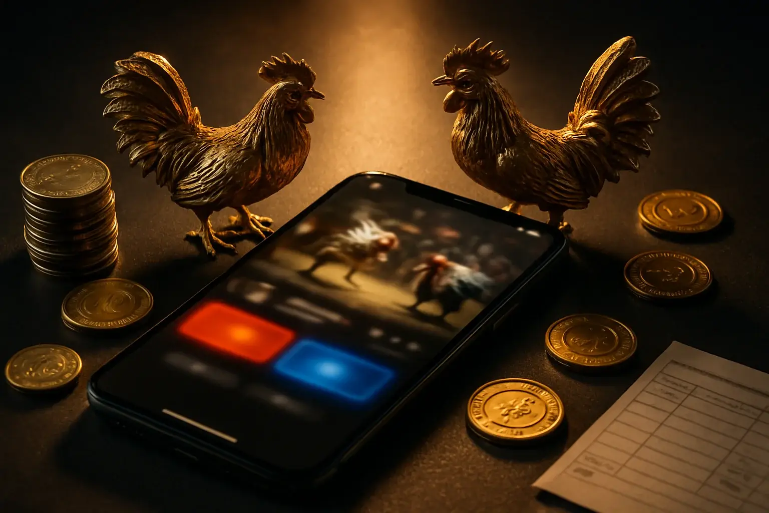 Smartphone with sabong betting interface, golden roosters, coins, and chips