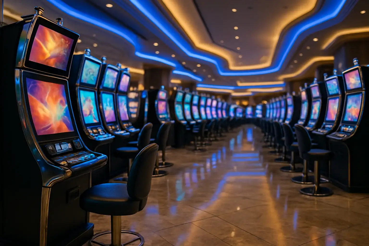 Premium Philippine casino slots floor at night inside Manila resort