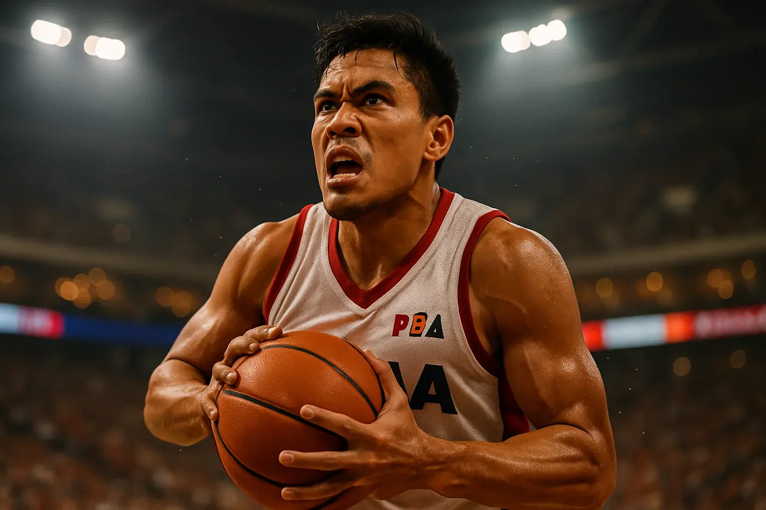 Filipino PBA basketball player driving mid-air toward basket in arena